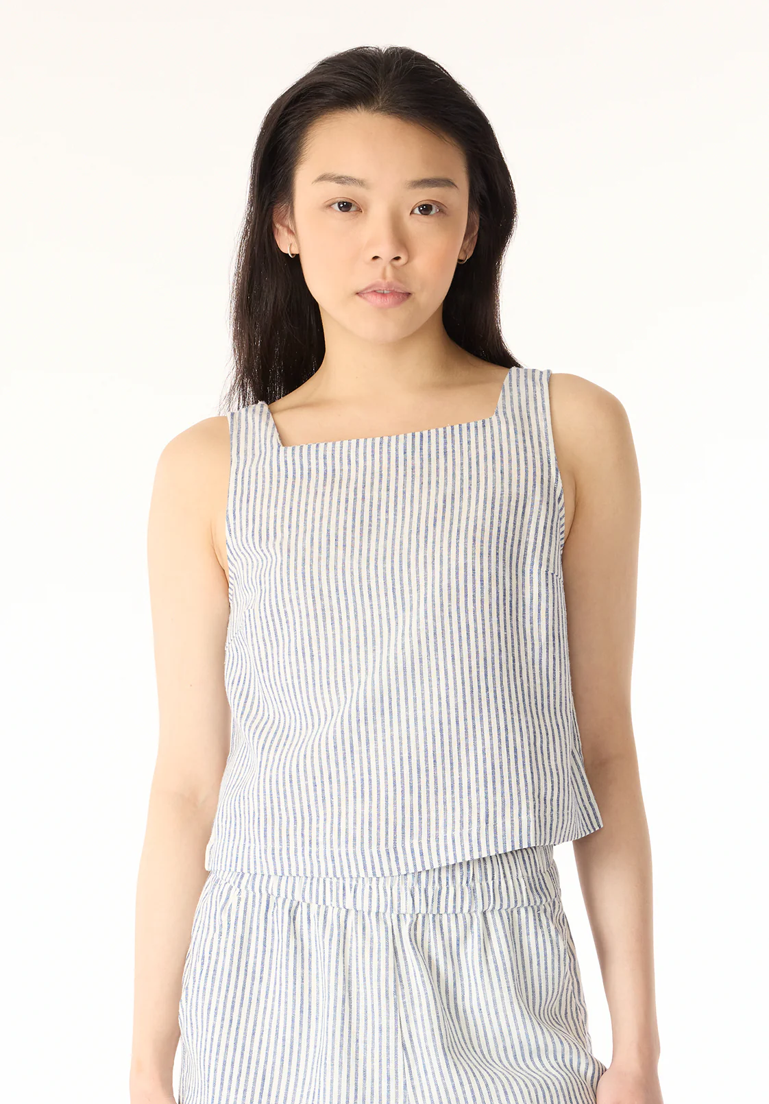 Benedita Women's Striped Sleeveless Linen Top, White & Navy - WT0198P