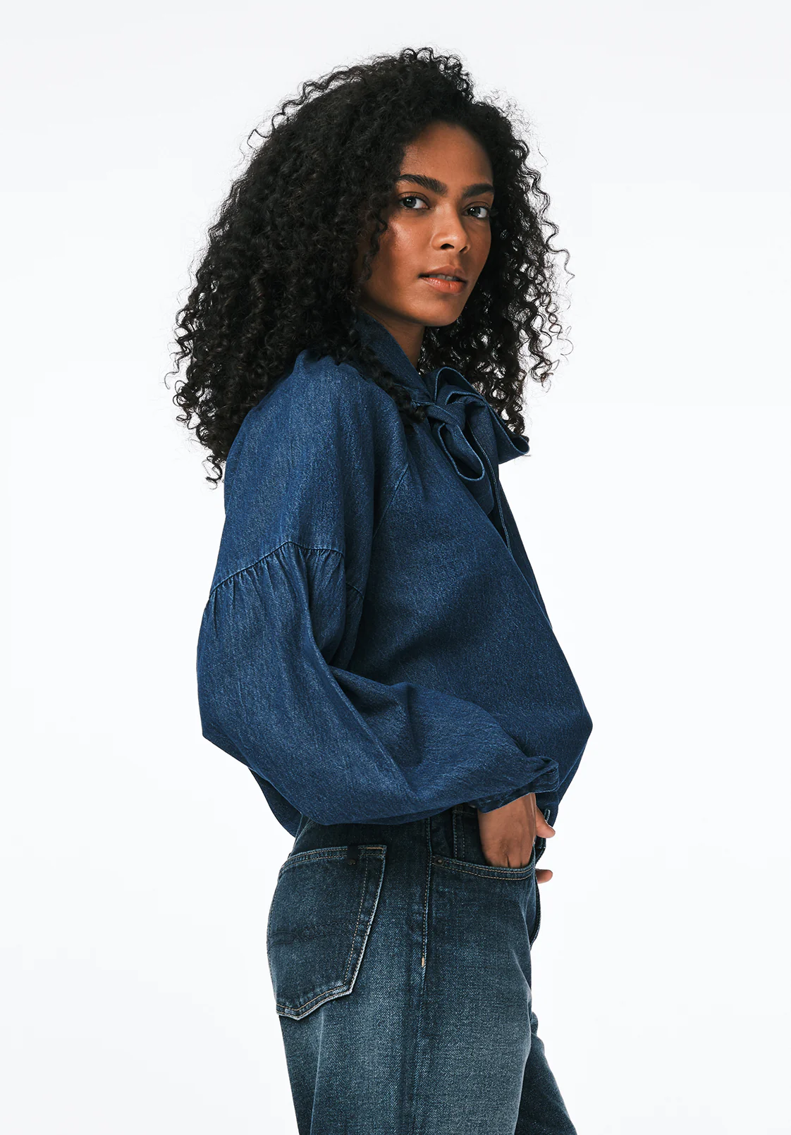 Carissa Women's Denim Blouse with Bow Neck and Voluminous Sleeves, Dark Denim - WT0208 - Image 2
