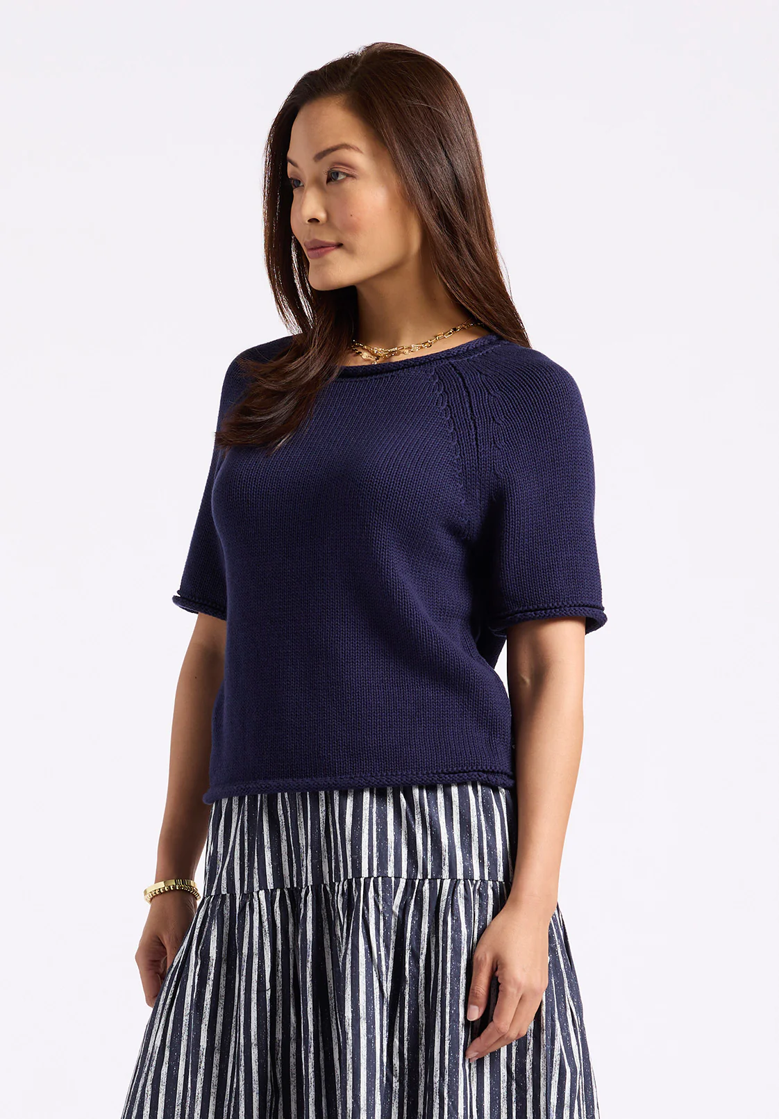Devora Women’s Light Knit Short-Sleeve Sweater, Navy - SW0115P - Image 2
