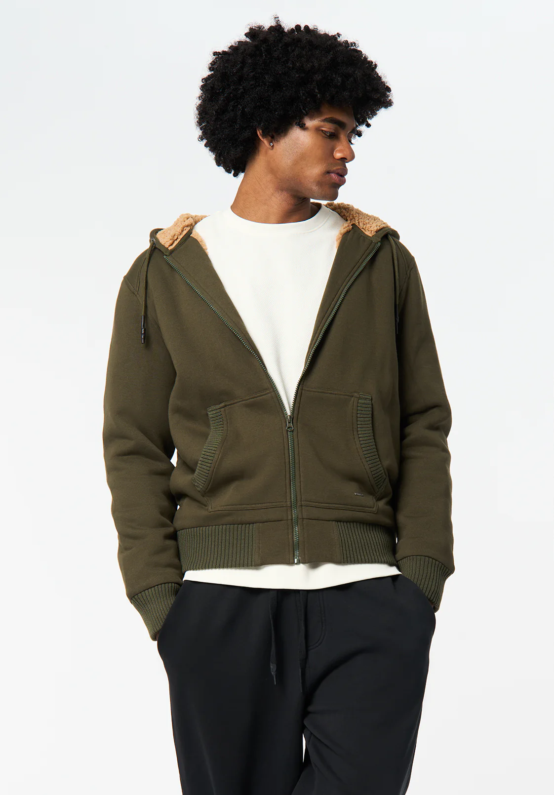 Fasox Men's Relaxed Full-Zip Hooded Jacket with Sherpa Lining, Fern - BM24735