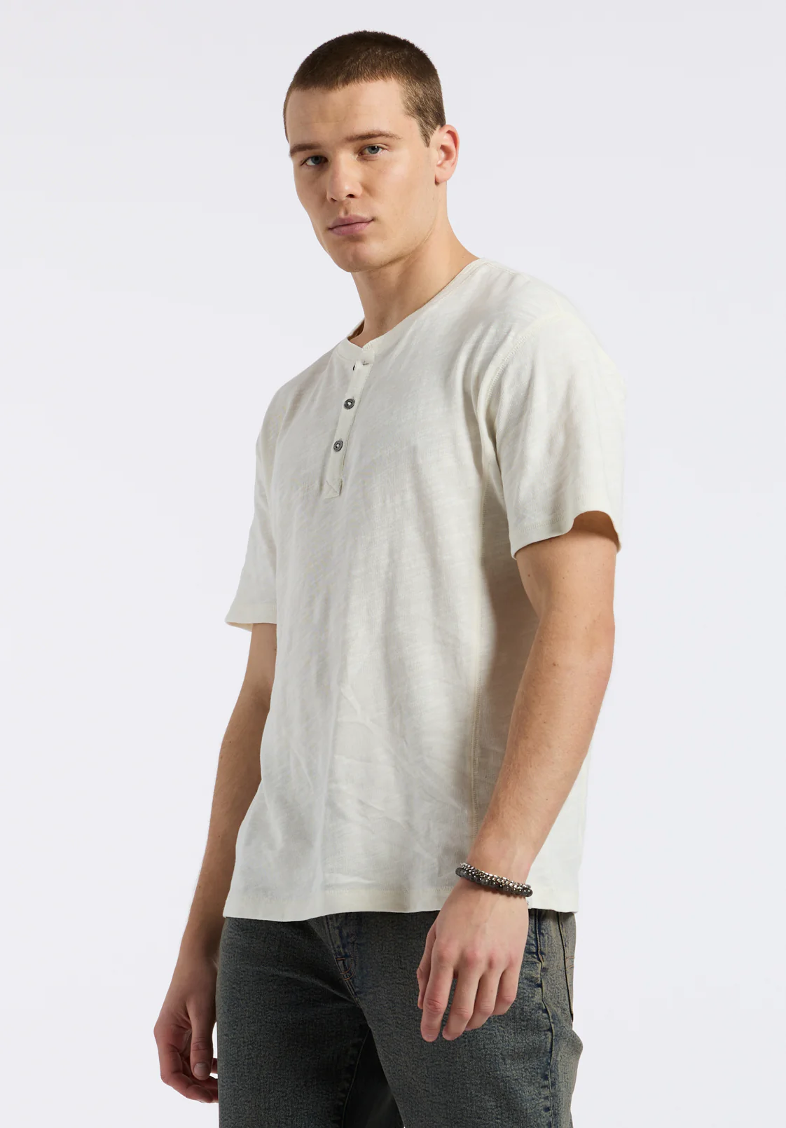 Kandido Men's Short Sleeve Slub Jersey Relaxed Henley Top, Milk - BM24605 - Image 2