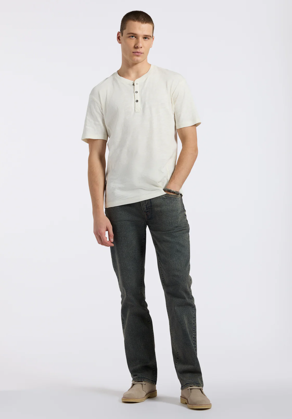 Kandido Men's Short Sleeve Slub Jersey Relaxed Henley Top, Milk - BM24605 - Image 4