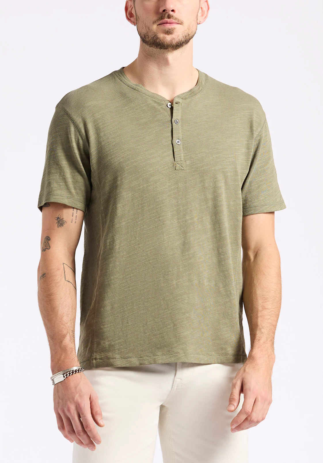 Kandido Men's Short Sleeve Slub Jersey Relaxed Henley Top, Army Green - BM24605 - Image 2