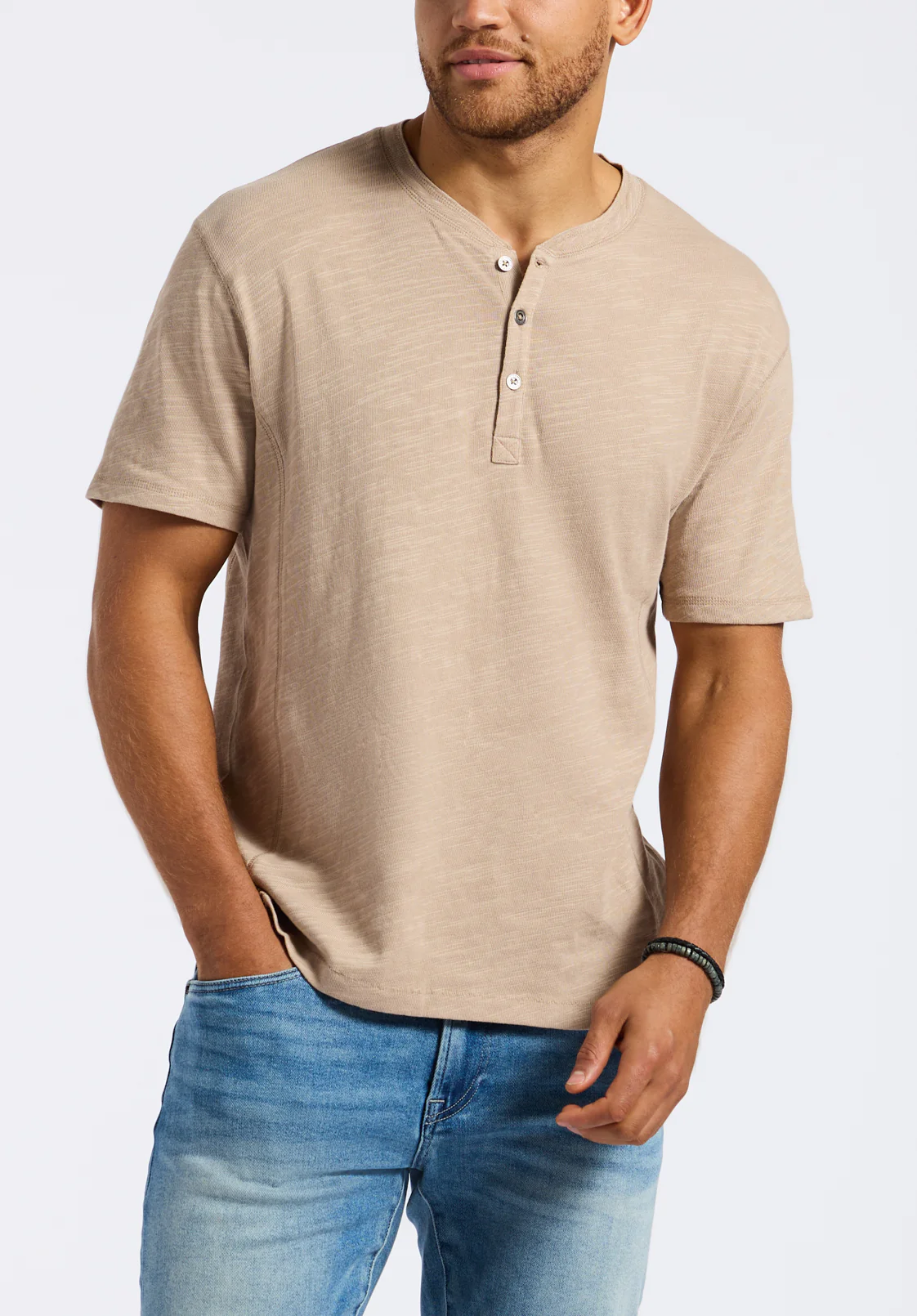Kandido Men's Short Sleeve Slub Jersey Relaxed Henley Top, Tuffet Beige - BM24605 - Image 2