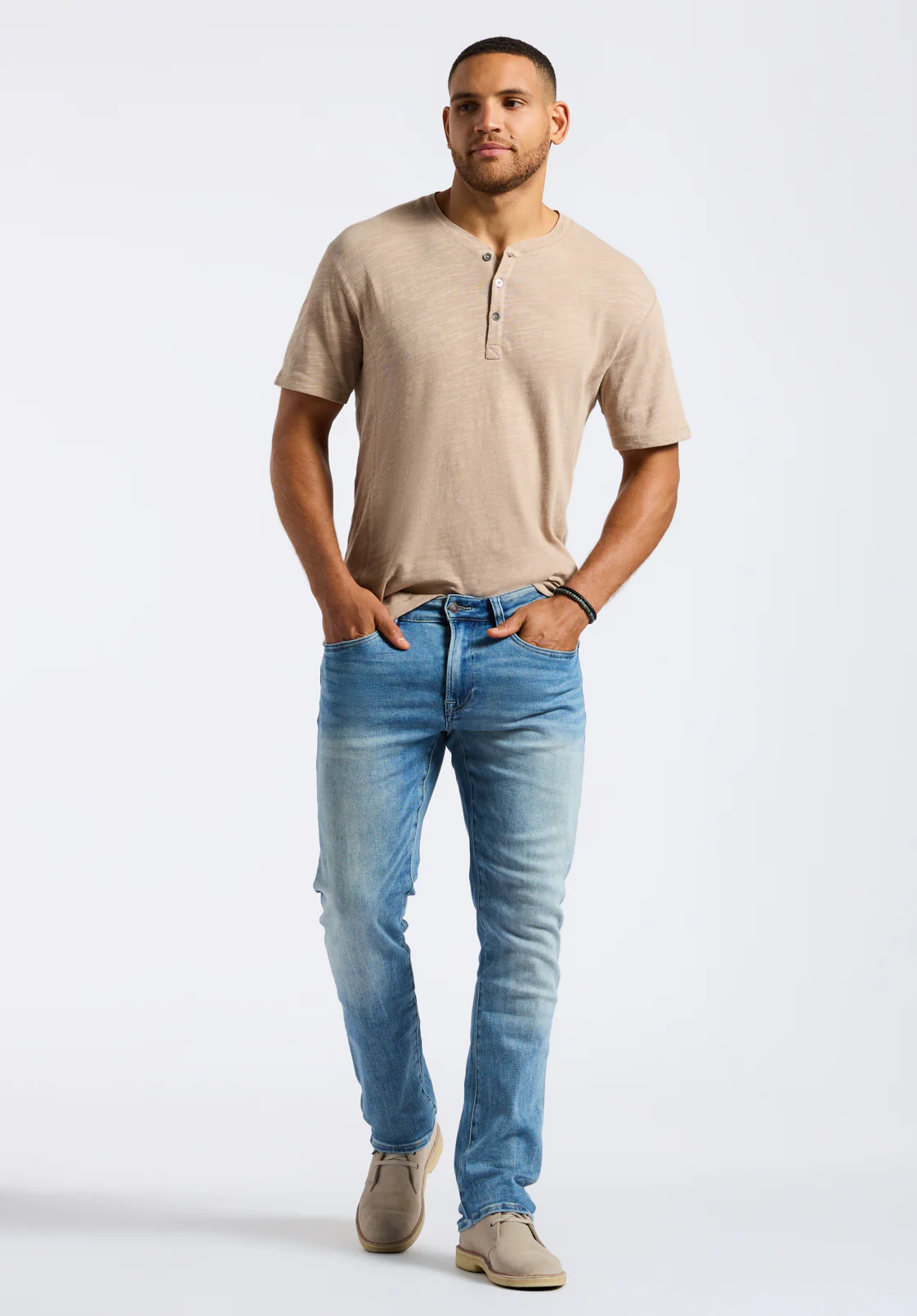 Kandido Men's Short Sleeve Slub Jersey Relaxed Henley Top, Tuffet Beige - BM24605 - Image 4