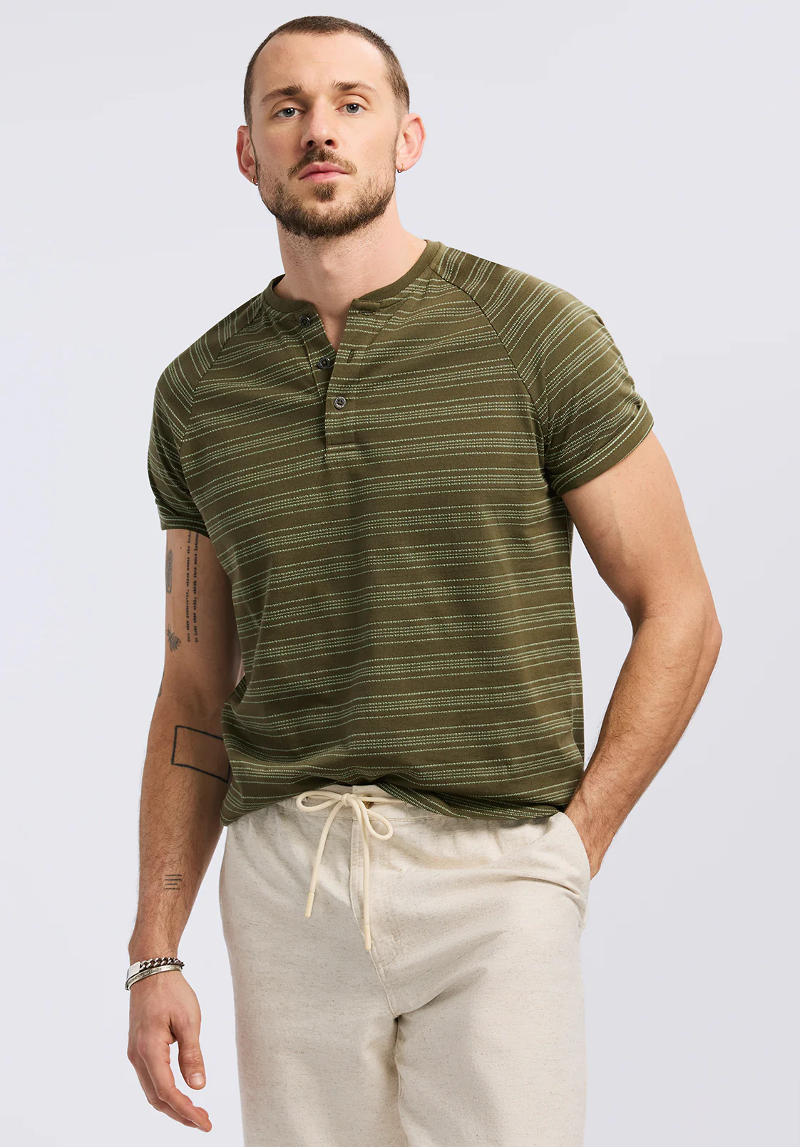 Klaus Men's Short-Sleeve Striped Henley Top, Fern - BM24630