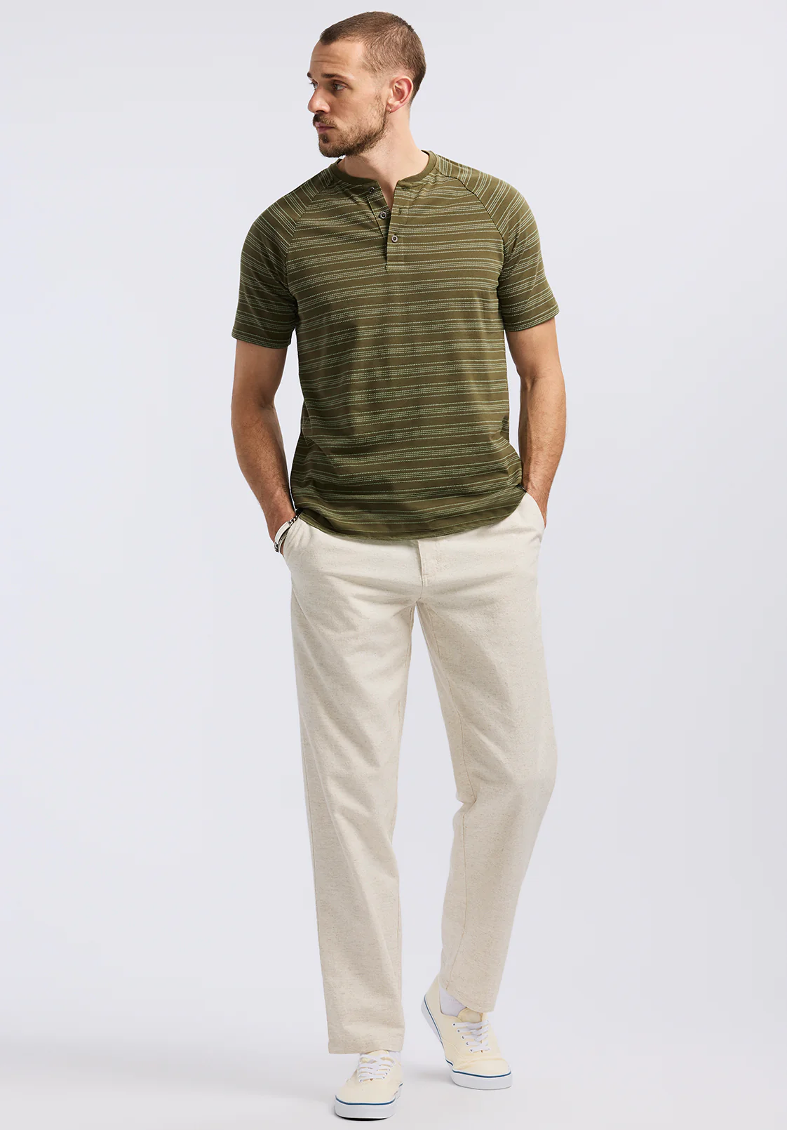 Klaus Men's Short-Sleeve Striped Henley Top, Fern - BM24630 - Image 4
