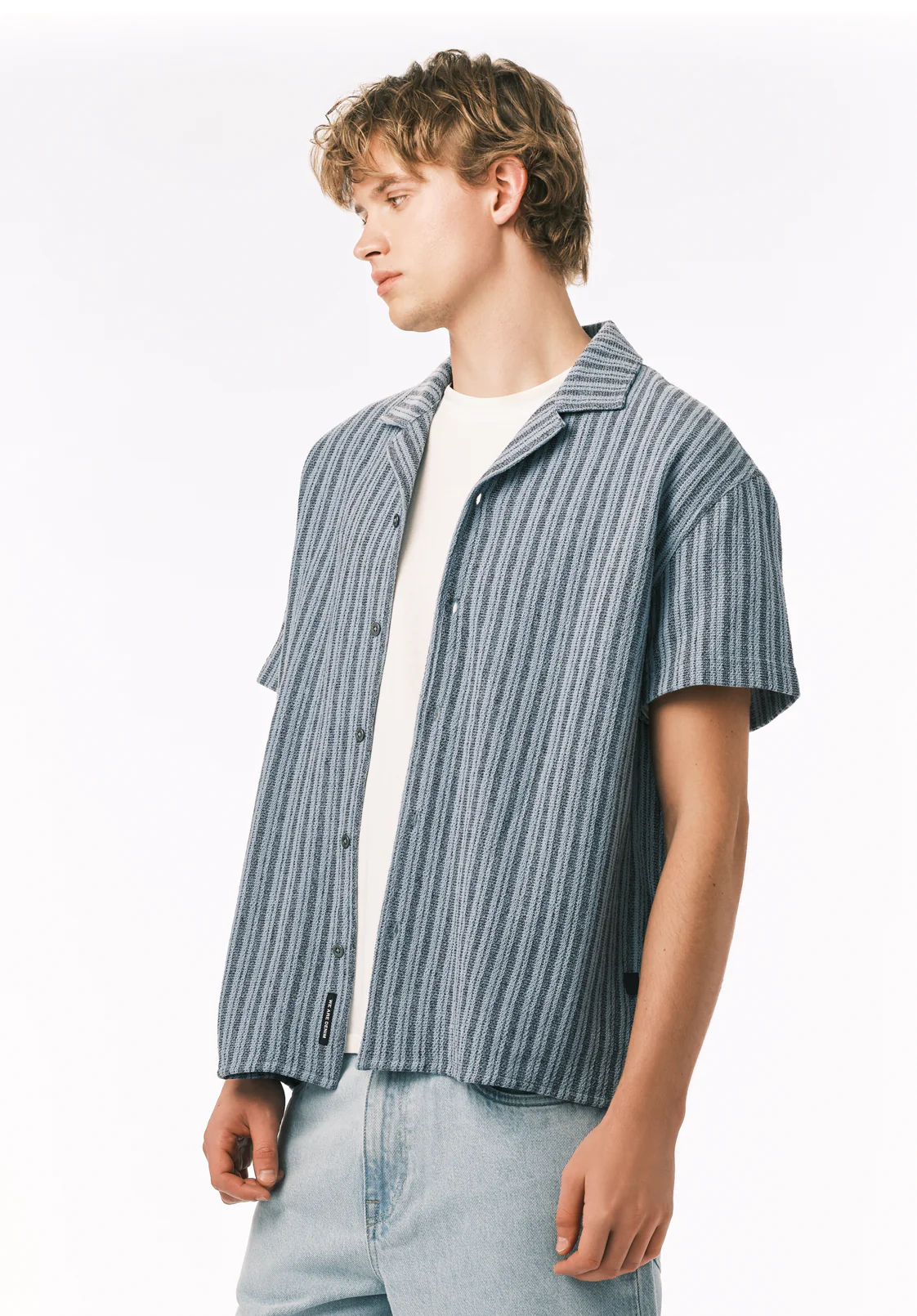 Koddy Men’s Textured Stripe Short Sleeve Boxy Knit Shirt, Faded Denim - BM24869 - Image 4