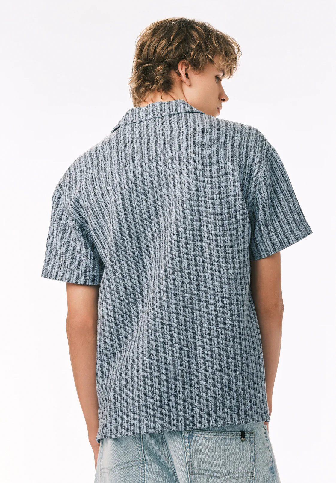 Koddy Men’s Textured Stripe Short Sleeve Boxy Knit Shirt, Faded Denim - BM24869 - Image 5