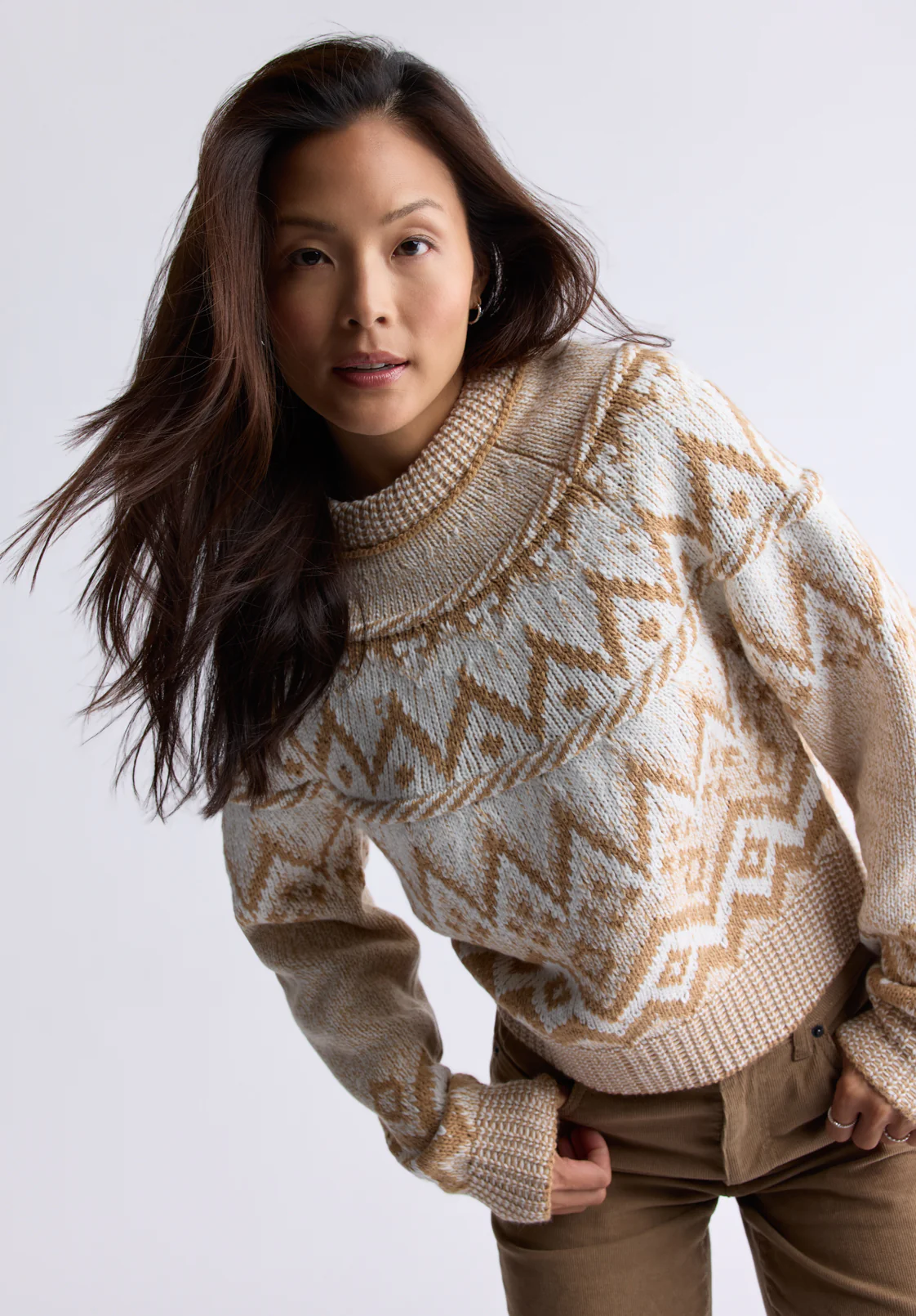 Lesina Women's Fair Isle Knit Pullover Sweater, Beige & Camel - SW0088F - Image 2