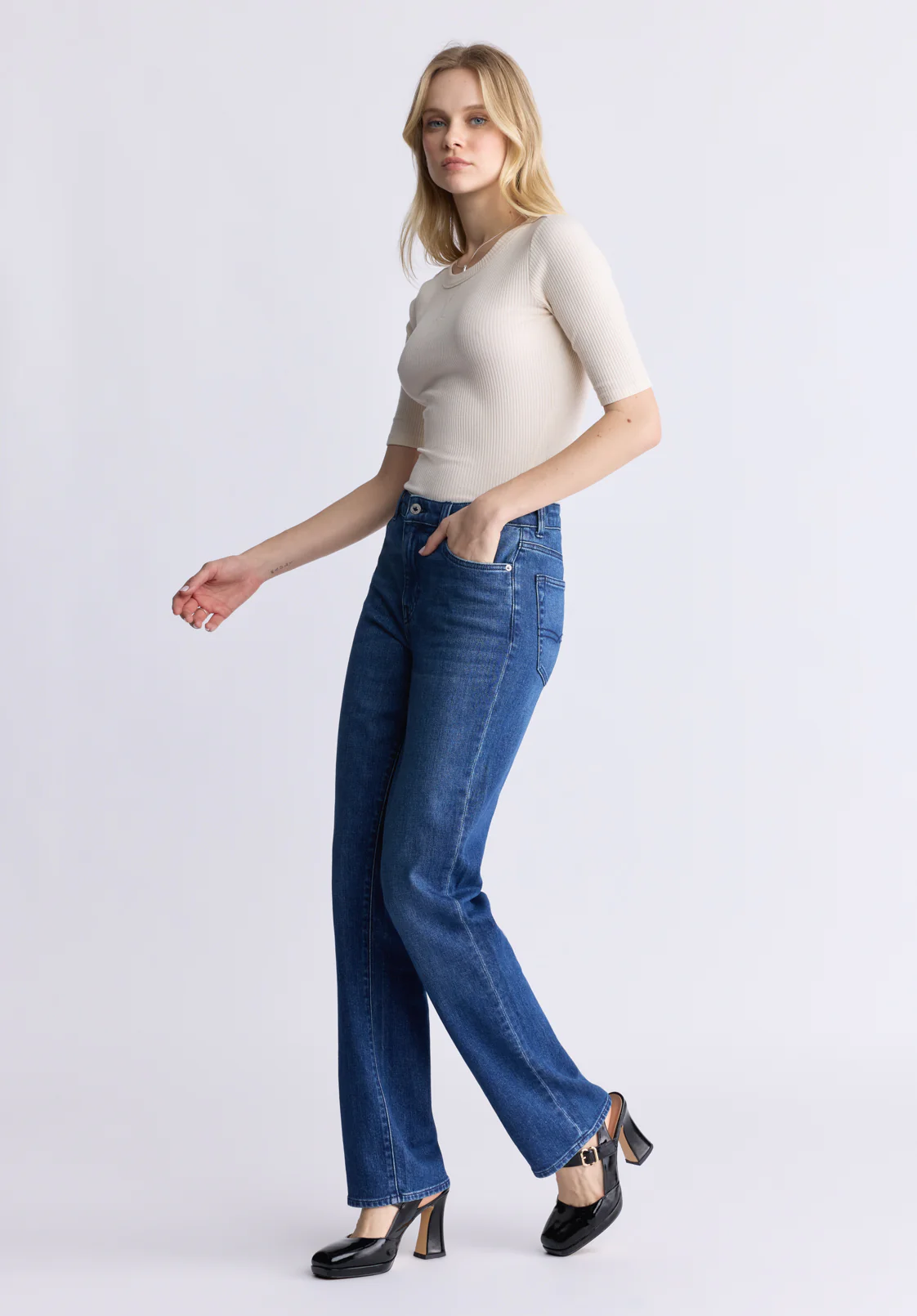 Mid Rise Straight Mary Women's Jeans, Contrasting Indigo  - BL15988 - Image 5