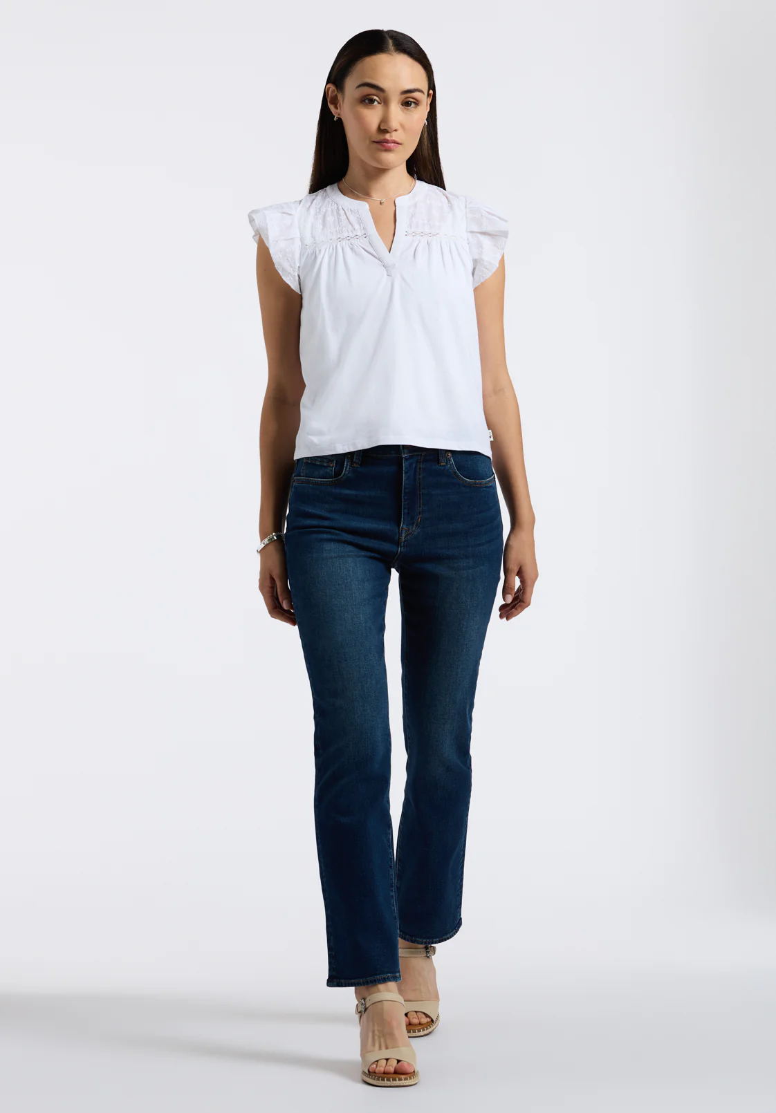 Mckaylie Women's Split Neck Top with Ruffle Detail, White - KT0210P - Image 3