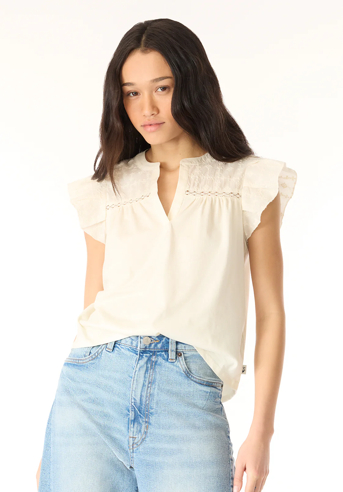 Mckaylie Women's Split Neck Top with Ruffle Detail, Parchment - KT0210P
