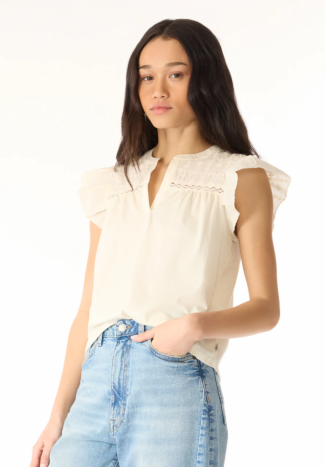 Mckaylie Women's Split Neck Top with Ruffle Detail, Parchment - KT0210P - Image 2