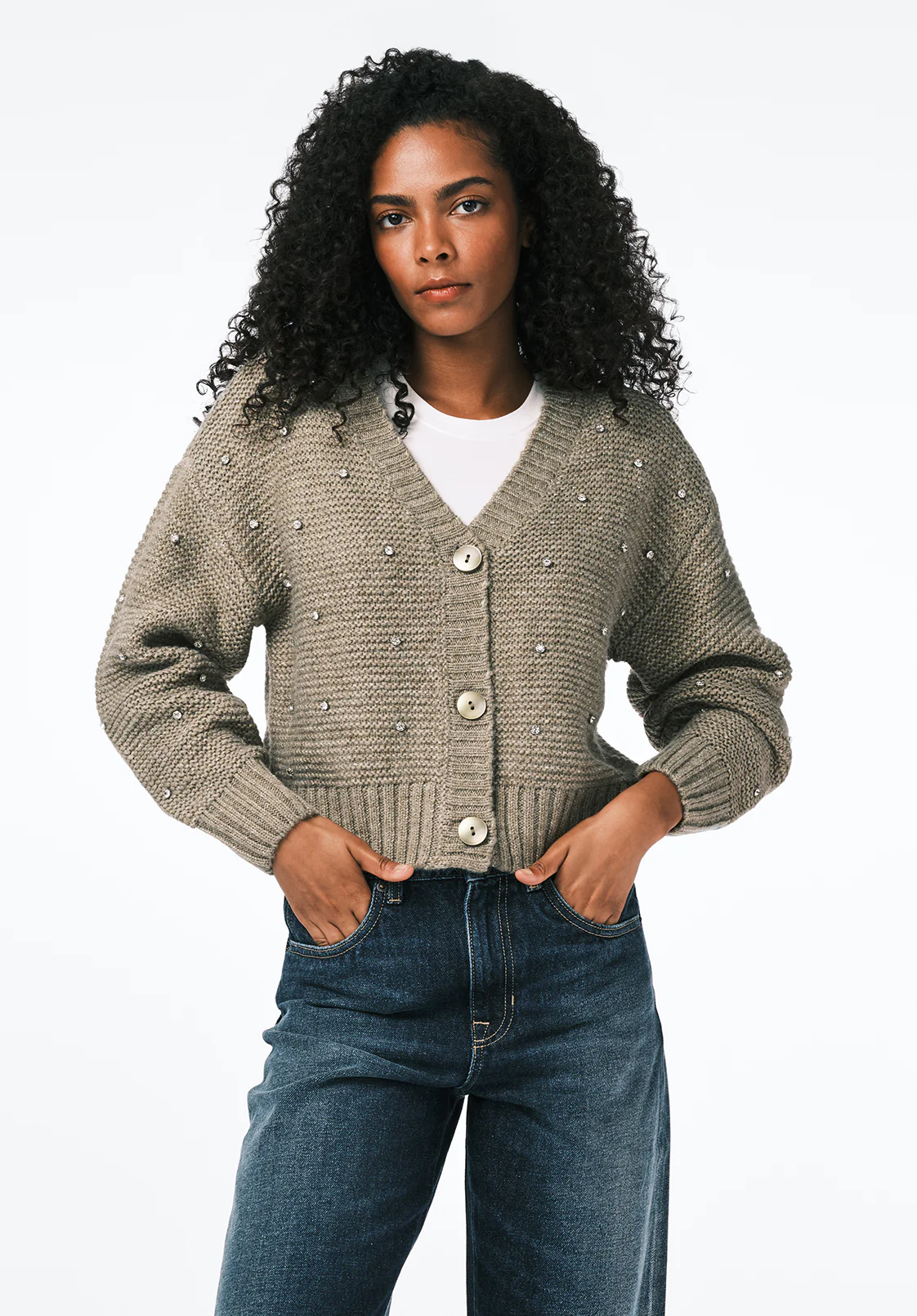 Odilia Women's Embellished Knit Button-Up Cardigan, Dk Green - SW0163