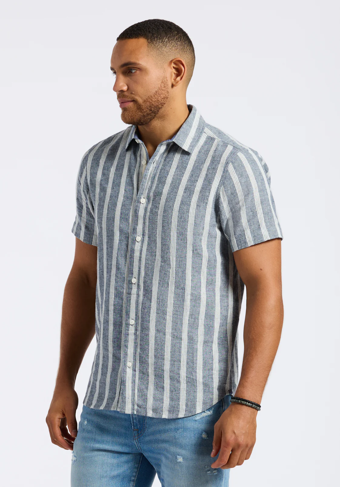 Sagrino Men's Short-Sleeve Striped Fitted Shirt, Whale - BM24564