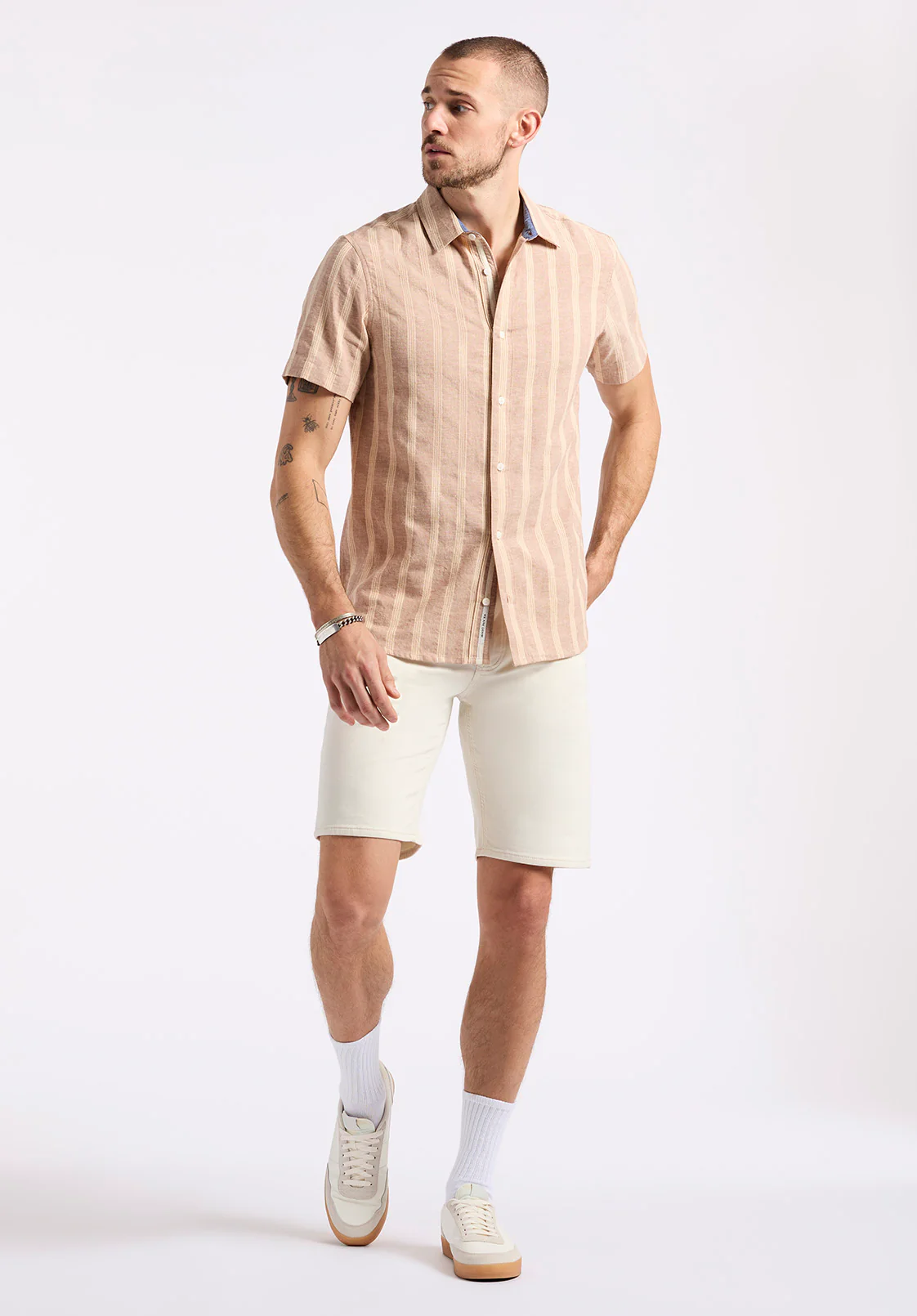 Sagrino Men's Short-Sleeve Striped Fitted Shirt, Woodsmoke Beige - BM24564 - Image 4