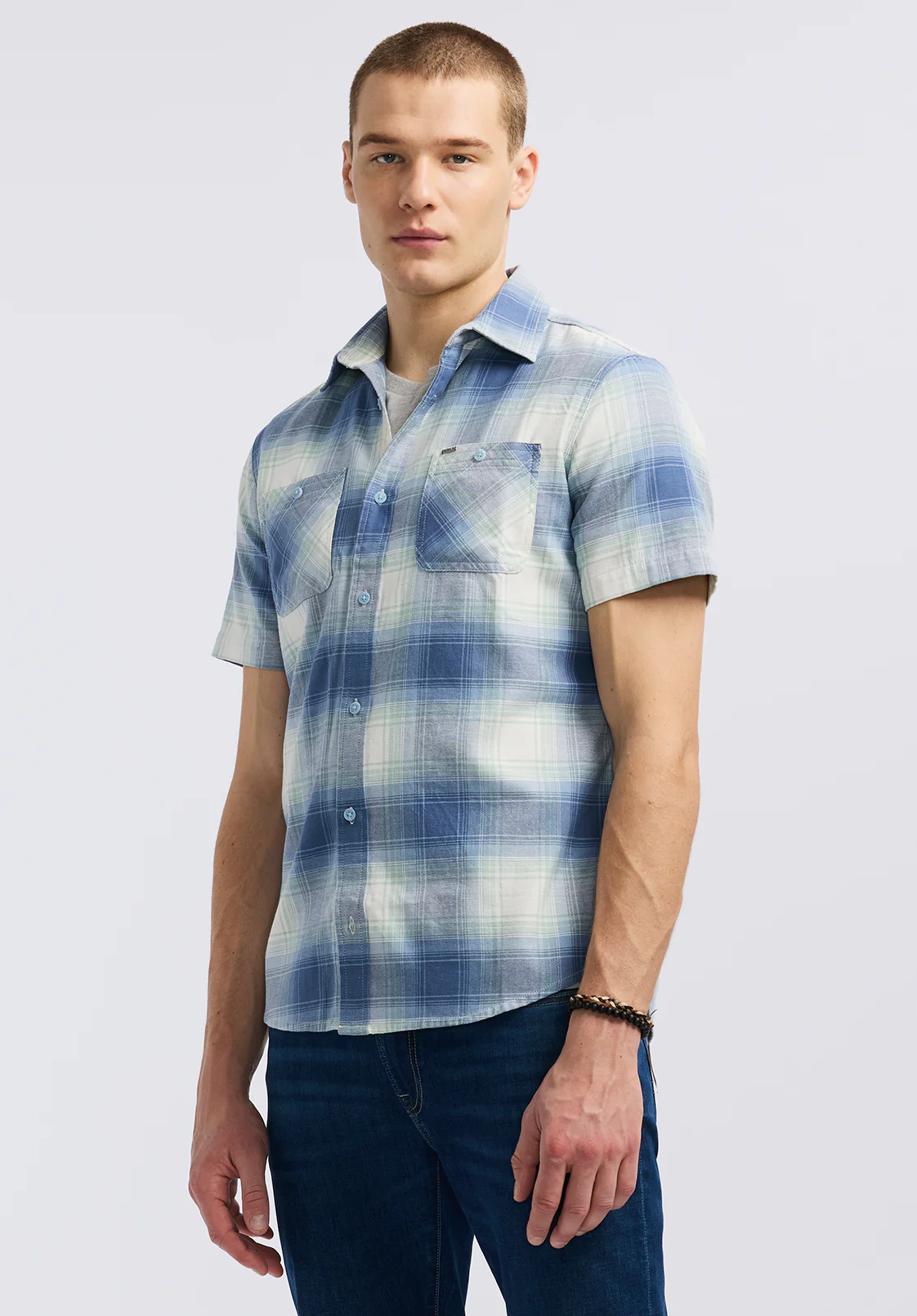 Sagrino Men's Short-Sleeve Plaid Fitted Shirt, Moonlight Blue - BM24618