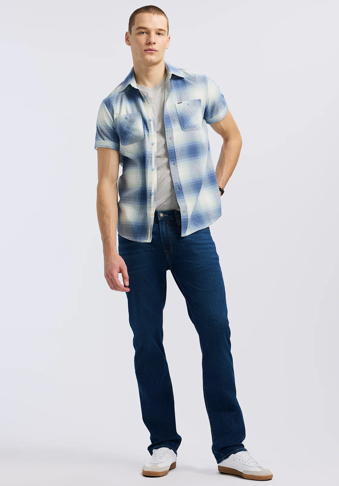 Sagrino Men's Short-Sleeve Plaid Fitted Shirt, Moonlight Blue - BM24618 - Image 3