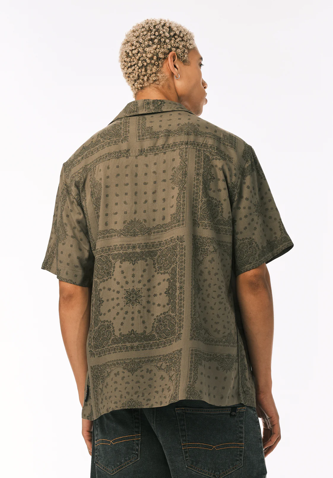 Sandro Men’s Printed Short Sleeve Camp Shirt, Army Green - BM24781 - Image 5
