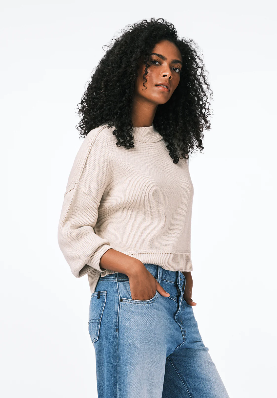 Seema Women's Dropped Sleeve Loose-Fit Cropped Sweater, Oatmeal - SW0142 - Image 2
