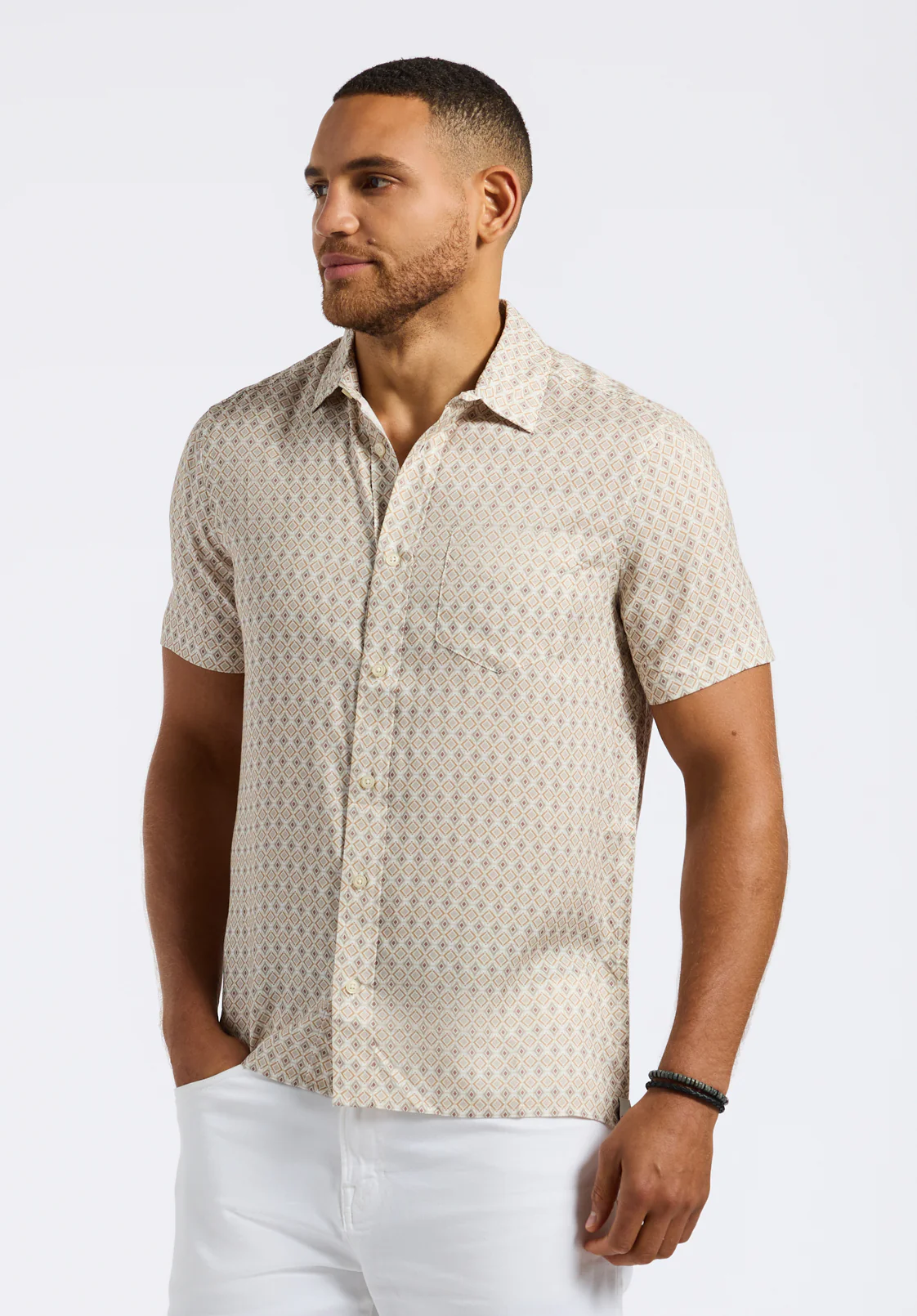 Sirilo Men's Short Sleeve Fitted Shirt with Geometric Print, Milk - BM24652