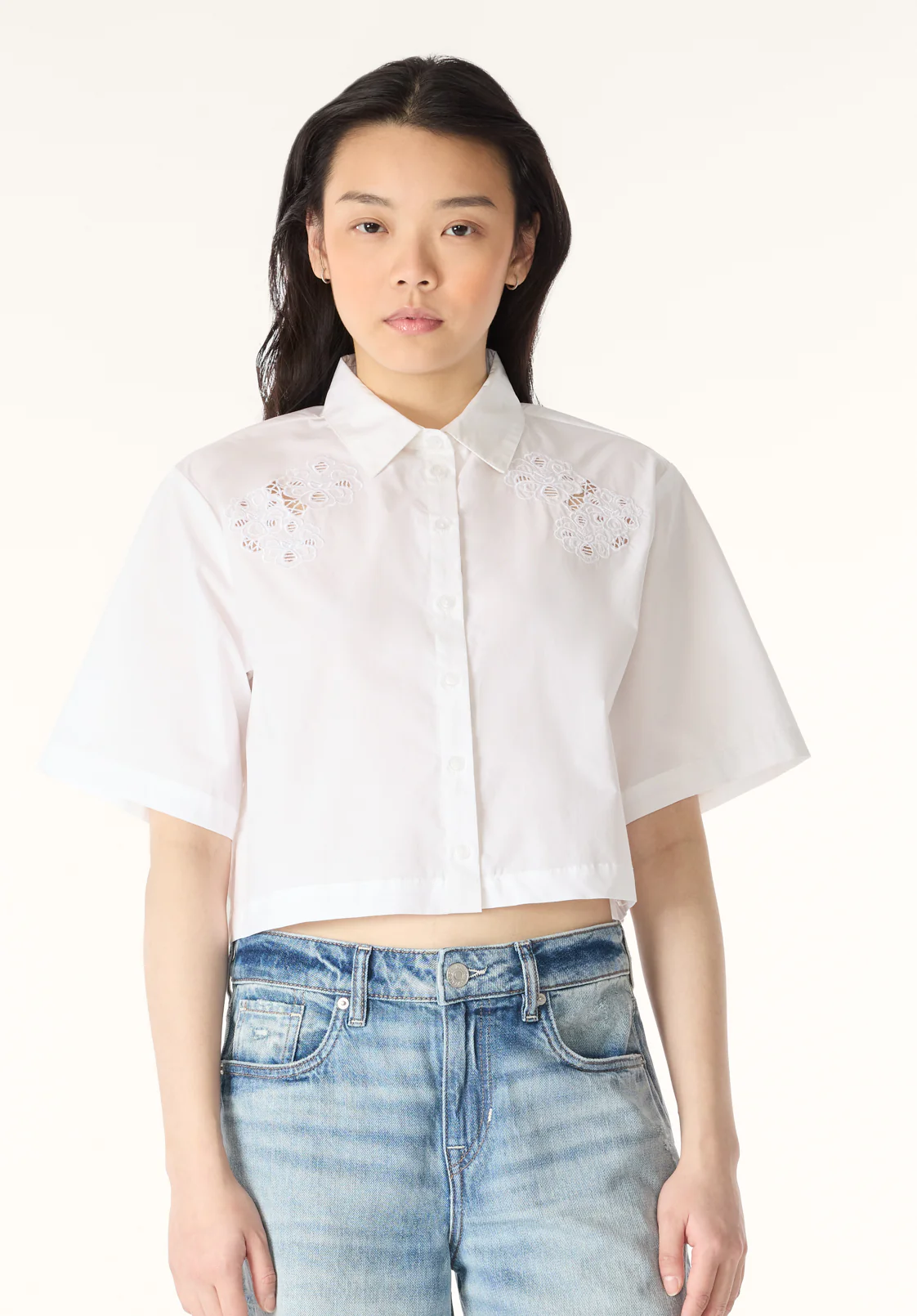 Sorcha Women's Short-Sleeve Cropped Shirt with Embroidered Floral Details, White - WT0158P