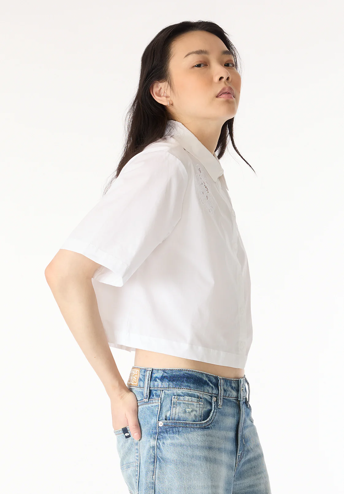 Sorcha Women's Short-Sleeve Cropped Shirt with Embroidered Floral Details, White - WT0158P - Image 2