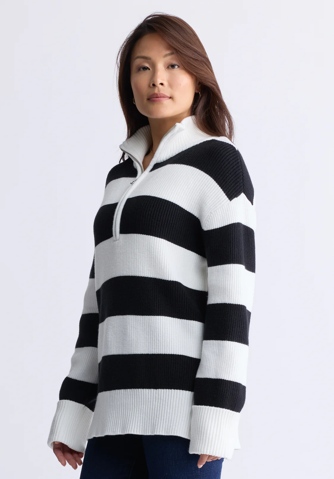 Storme Women's Striped Quarter-zip Oversized Sweater, Black & White - SW0089H - Image 3