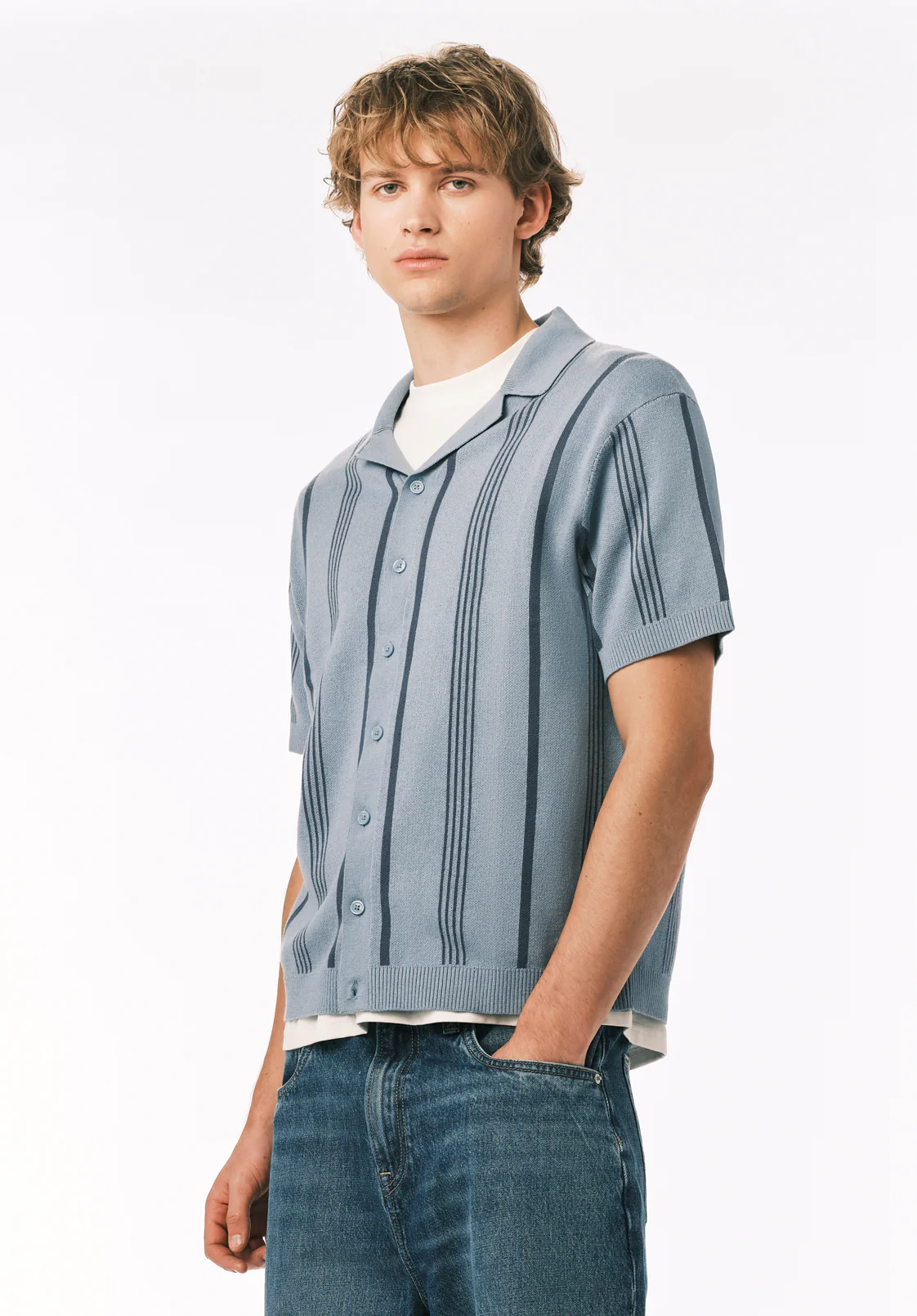 Waldir Men’s Short Sleeve Sweater Shirt, Faded Denim - BM24787 - Image 3
