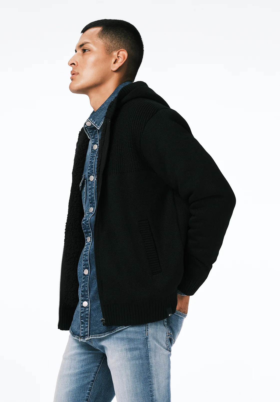 Walmick Men's Full-Zip Knit Hooded Jacket with Sherpa Lining, Black - BM24739 - Image 2