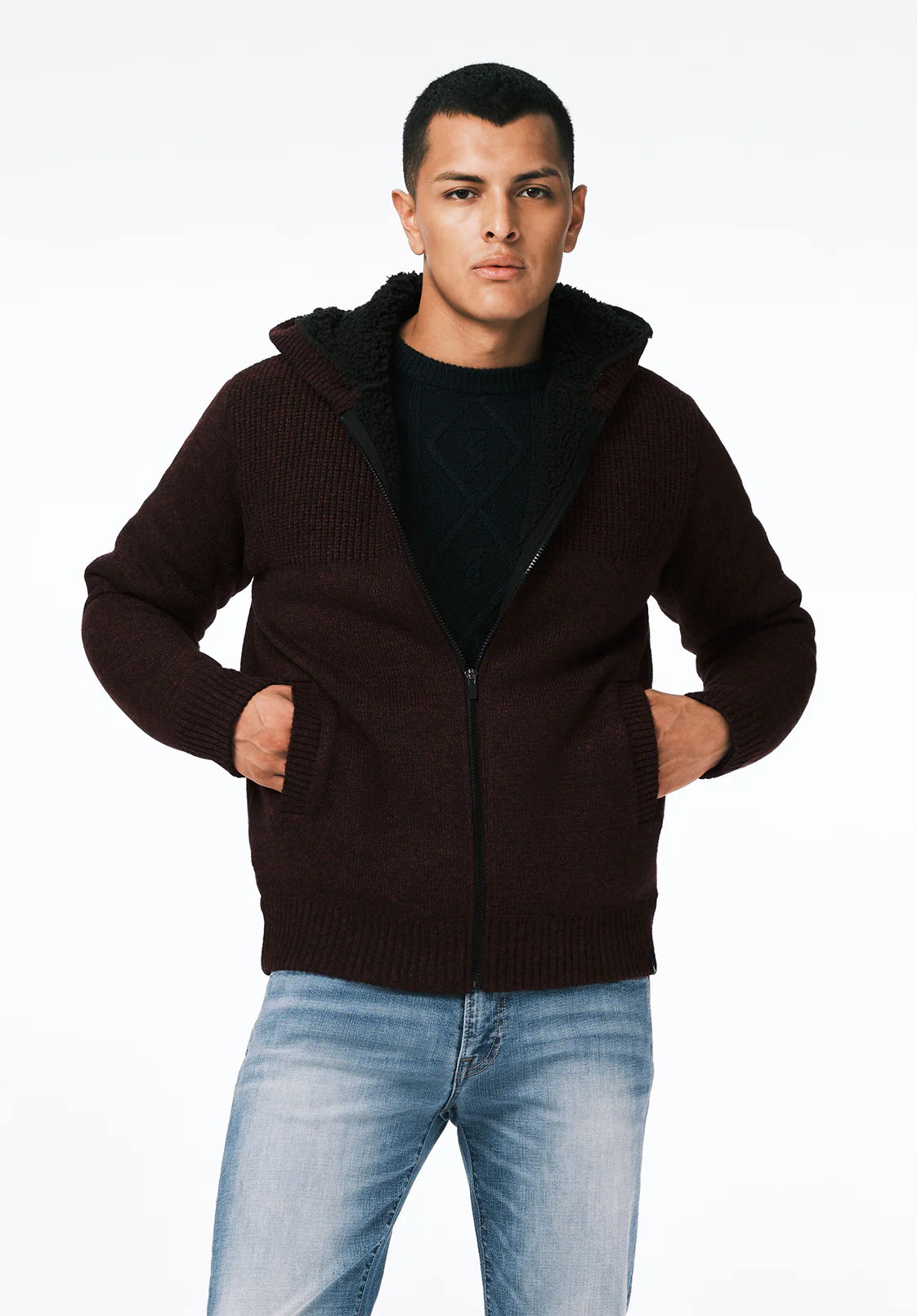Walmick Men's Full-Zip Knit Hooded Jacket with Sherpa Lining, Fico - BM24739