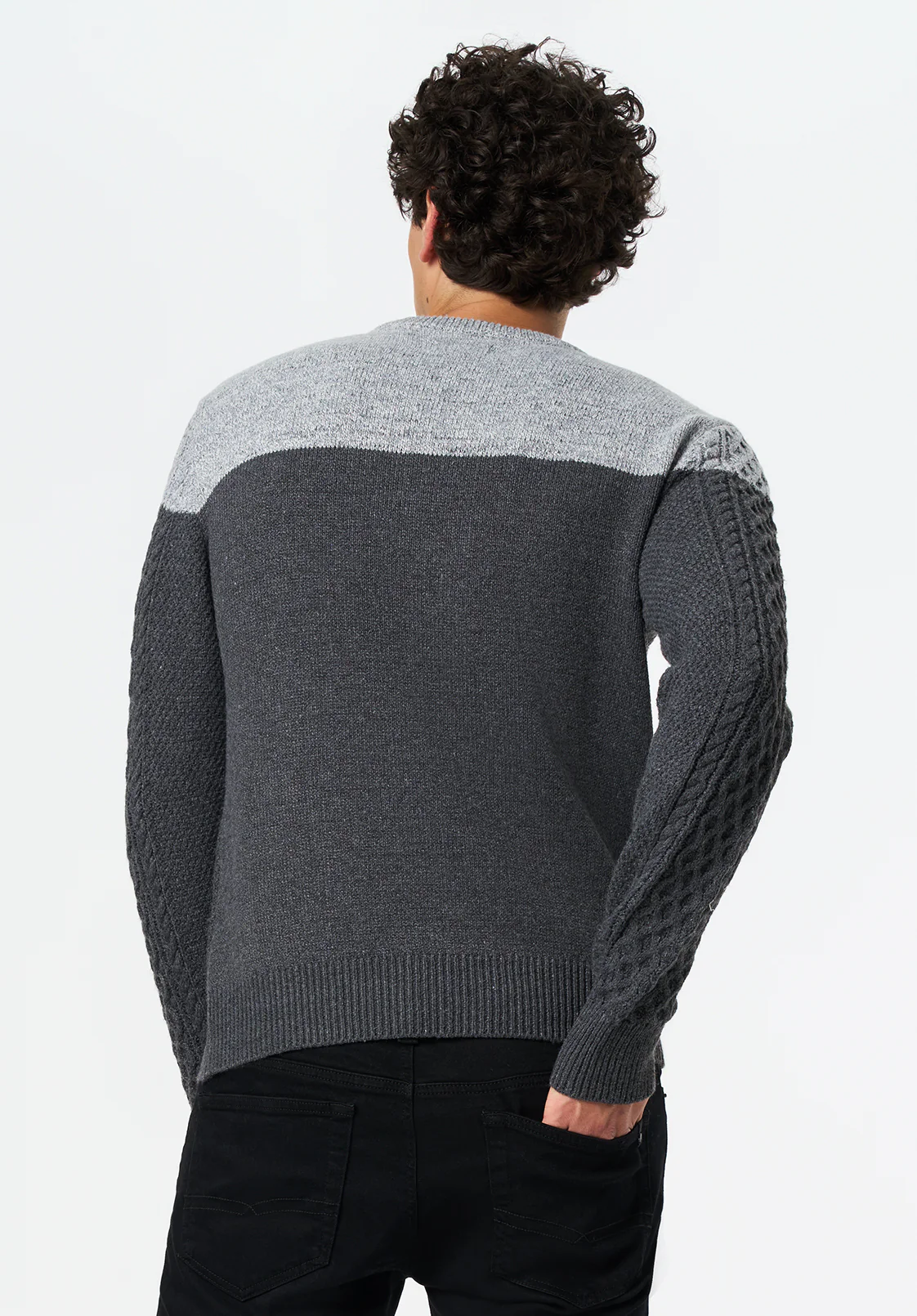 Wintor Men's Relaxed Colorblock Cable Knit Sweater, Heather Grey - BM24748 - Image 3
